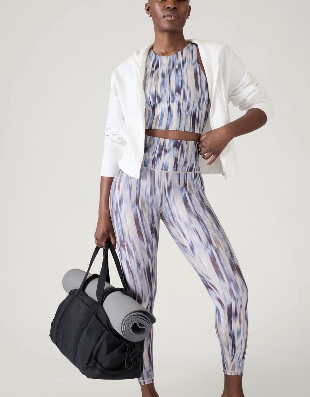 Athleta 2 Piece Set Womens Elation Printed 7/8 Tight & Crop Top Blue Purple XS S